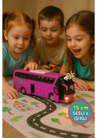 Lüks Işıklı Sesli Kapıları Ve Bagajı Açılan Yumuşak Lastikli Tur Tatil Otobüsü 15 Cm - Pembe