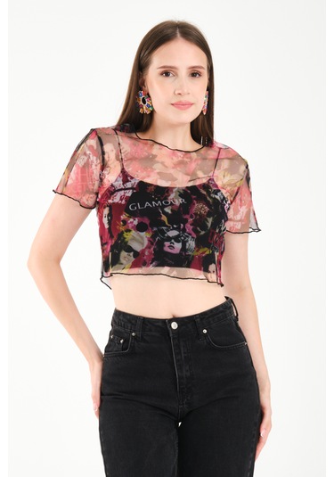 By Papi Baskılı Tül Crop Pembe