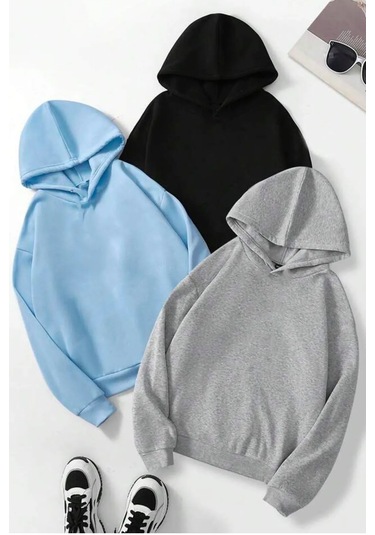 Unisex Düz 3' Lü Baskısız Kapüşonlu Oversize Sweatshirt Gri
