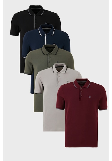 Buratti Pamuklu Slim Fit Şerit Detaylı Düğmeli Polo Yaka 5'Li Paket Erkek T Shirt 5902118S5 Siyah-Vişne-Haki-Lacivert-Taş