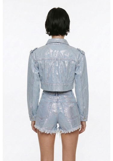 Holly Lolly Özel Yapım Parlak Kaplamalı Glossy Jean Şort Mavi