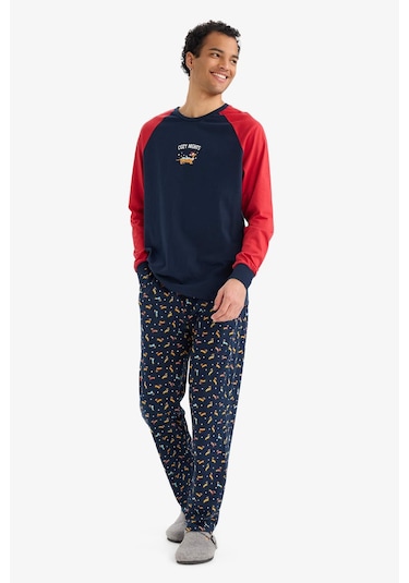 Defacto Pijama Takımı Regular Fit Baskılı Uzun Kollu Üst Uzun Alt G2905ax25wnnv135 Lacivert-nv135