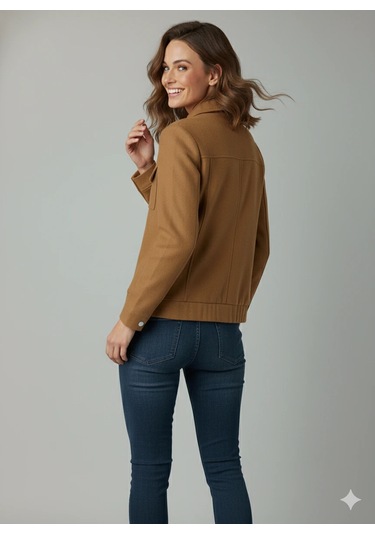 Kadın Taba Zarif Kısa Ceket Toka Detaylı Dik Yaka Cepli Süet/kaşe Baharlık Ceket Taba