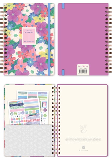 17x24 Spiralli Lastikli Sert Kapak Çizgili Not Defteri Çok Renkli Çiçekler Çok Renkli Çiçekler