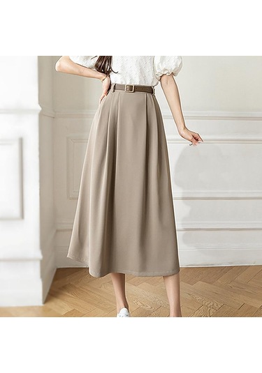 Qooth Bahar Kadın Yüksek Bel A-line Sashes Etek 2022 Yeni Stil Zarif Orta Uzunlukta Uzun Ofis Bayan Düz Etek Haki