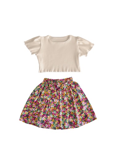 Etekli Crop Takım, Pamuklu Çiçekli Etek - Pamuklu Fitilli Crop Skahve-çiçekli2 Çok Renkli