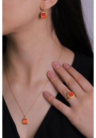 Beyisa Güneş Taşı Serisi Sarma Kare Kesim Turuncu Renkli 22 Ayar Altın Kaplama Kadın Set