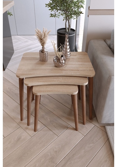 Zuesse Dizayn Reyhan 3lü Zigon Sehpa & Yan Sehpa Ahşap Ayaklı Salon Seti Çay Sehpası - Sonomo