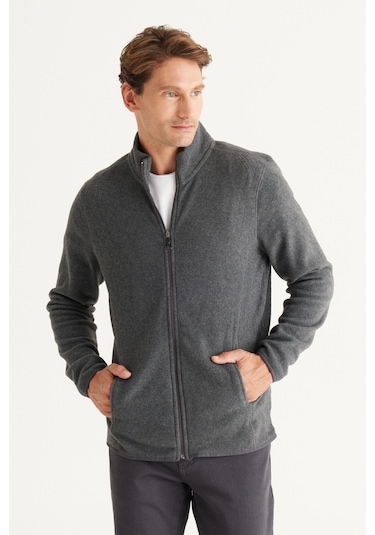 AC&Co / Altınyıldız Classics Standart Fit Fermuarlı Bato Yaka Polar Erkek Ceket Antrasit