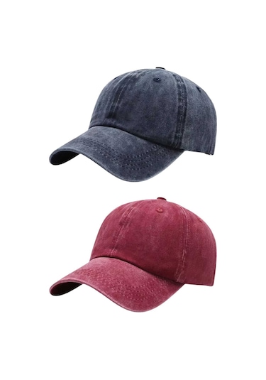 Tezzgelsin Unisex Eskitme Vintage Pamuklu Ayarlanabilir Beyzbol Kep Şapka 2'li Set Lacivert - Kırmızı