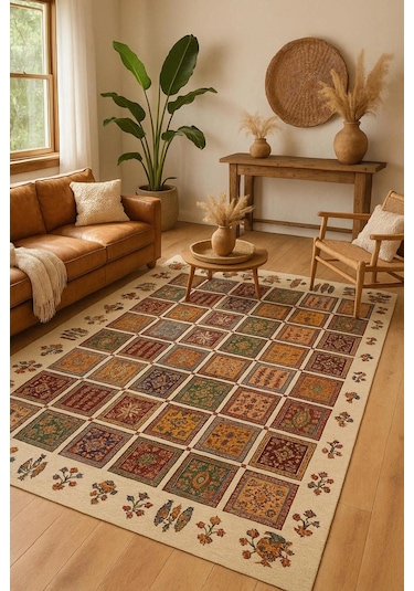 Blghome Etnik Desen Renkli Modern Halı Dekoratif Kilim Çok Renkli