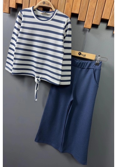 Çizgili Kız Çocuk Bol Paça Mevsimlik Mavi Renk Takım Mavi