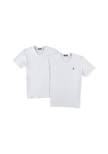 İkili Set T8568 Dewberry V Yaka Erkek T-shırt-beyaz-beyaz Beyaz-beyaz