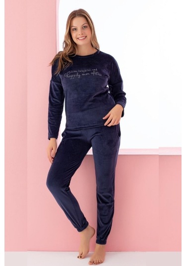 Luxury Velvet Fransız Kadife Yazı Detaylı Pijama Takımı Lacivert Beyaz - Lacivert