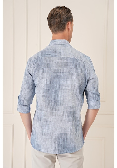 Efor Comfort Fit Batik Desen %100 Keten Mavi Gömlek G 1571 Mavi