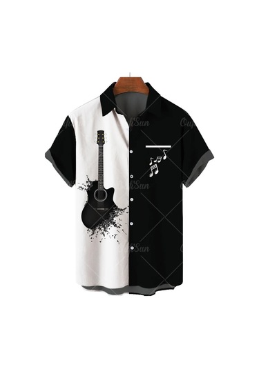 Snapbuyerkek Müzikal Gitar Baskılı Hawaii Gömlek Kısa Kollu Plaj Parti Üst Büyük Bedengri Gri