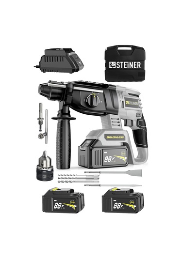 Steiner 88V 5Ah Çift Akülü Darbeli Kırıcı Delici Matkap Gri + Mandren + 5 Parça Uç