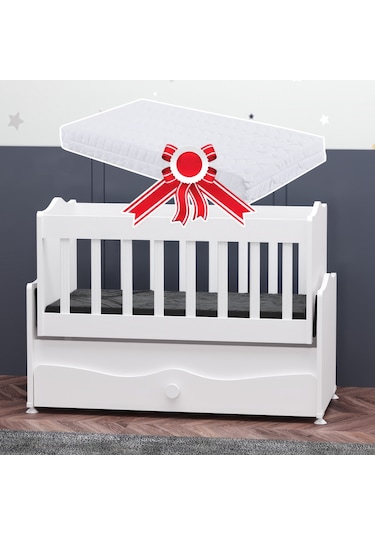 Garaj Home İnci Çekmeceli Anne Yanı Beşik + Yatak - Beyaz Beyaz