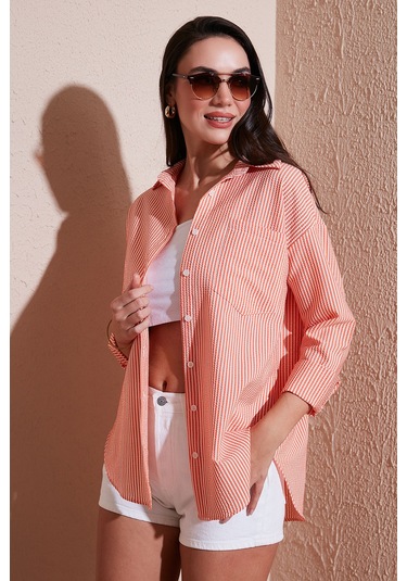 Lela Regular Fit Uzun Kollu Cepli Çizgili Bayan Gömlek 6772895 Oranj