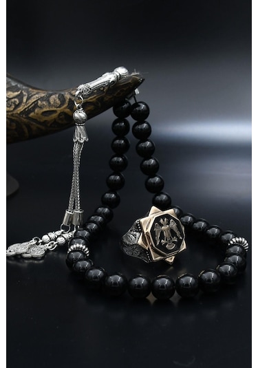 Doğal Oniks Taşlı Tesbih Ve 925 Ayar Gümüş Yüzük Selçuklu Kartalı Mineli 902065 Gümüş