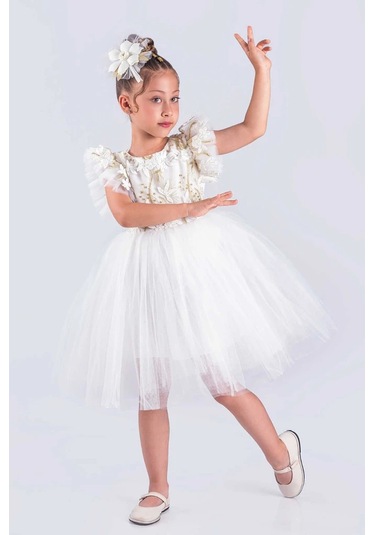 Kız Çocuk Elbise Tütü Etek Nakışlı Beyaz
