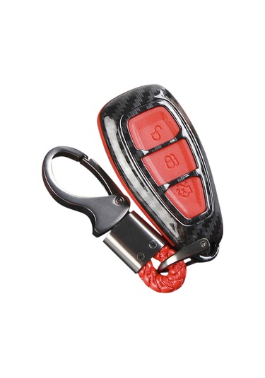 Kangvka Ford Fiesta, Focus, Kuga, C-max Uyumlu 3 Tuşlu Silikon Anahtar Kılıfı - Karbon Fiber Desenli Kırmızı Anahtar Kılıfı Ve Anahtar Zinciri