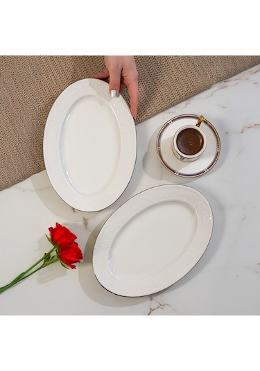 Porsima 4458 Burçak Porselen Platin Fileli Kayık Tabak Seti - Oval Kahvaltılık Sunumluk Seti 25cm Beyaz