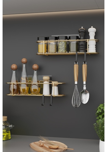 Bino Baharatlık 2 Li Set Gold Metal Mutfak Rafı Banyo Rafı Yapışkanlı Kancalı Tuzluk Askılık Çok Renkli