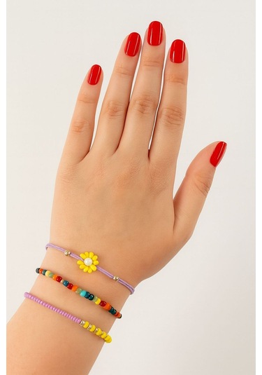 3lü Yıldızlı Çiçekli Boncuklu Asansörlü Bileklik. Lastikli Bileklik, Kadın İp Bileklik Halhal. Çok Renkli