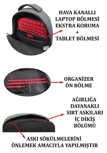 Laptop Sırt Çantası 17" Inç Tablet Usb Bölmeli Siyah