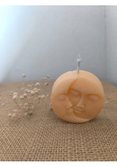 Güneş Ve Ay Yüzlü Dekoratif Mum, Tek Renk Koyu Bej
