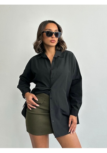 Kadın Oversize Uzun Basic Gömlek Siyah