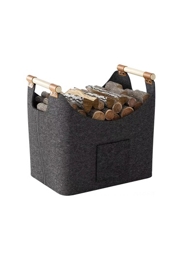 Xindoker Küçük Odun Ve Çakmak Taşı Depolama Sepeti - Katlanabilir Felt Materyal, Deri El Kolu, 60x40x40 Cm Sabit Konstruksiyon Koyu Gri