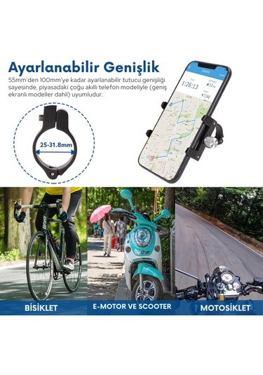 Polham Pro Seri Gidon Uyumlu Motorsiklet Telefon Tutucu, Bisiklet, Scooter Uyumlu Sıkıştırmalı Tutucu Siyah
