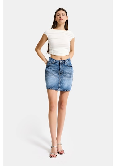 Itsbasic Kadın Mavi T2-4s6-4 Straight Fit Parlak Taşlı Özel Tasarım Mini Denim Etek