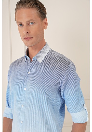 Comfort Fit Apoletli Degrade Desen Esnek Pamuk Mavi Gömlek G 1575 Mavi