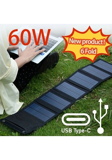 Elmpaly Yeni Altı Katlanır 60w Taşınabilir Güneş Enerjili Şarj Cihazı - Usb 5v Çıkışlı, Kamp Ve Seyahat İçin Powerbank, Fan, Fener