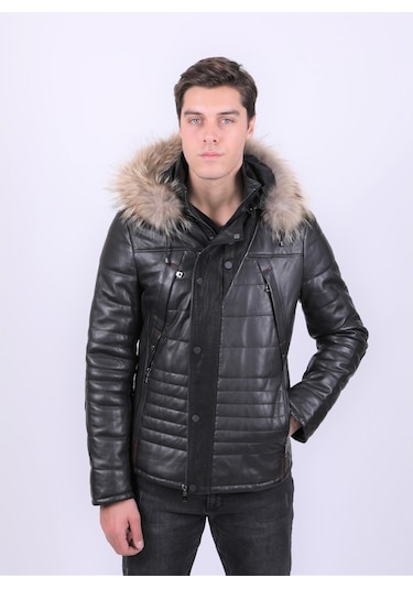 New Zaya Leather Erkek Kapüşonlu Şişme Deri Mont Siyah