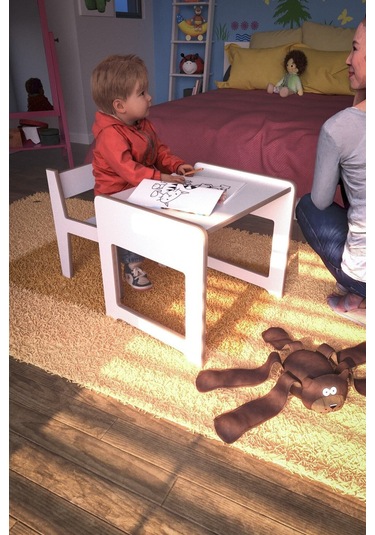 Montessori Çocuk Oyun Ve Aktivite Masası Ve Sandalye Beyaz