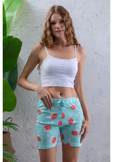 Giysa Kadın Beli Lastikli Desenli Şort Pijama Altı Turkuaz - 2027 Turkuaz