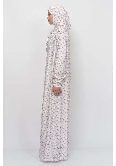 Pratik Tek Parça Çiçek Desenli Kollu Tak Çıkar Başörtülü Likralı Tesettür Namaz Elbisesi 990-0201 Pembe Antrasit