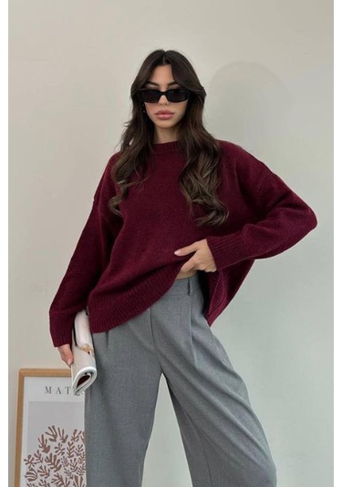 Bordo Bisiklet Yaka Oversize Triko Kazak Mg1972 Bordo