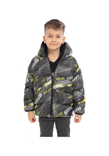 Erkek Çocuk Sarı Siyah Dijital Desen Içi Polar Su Ve Rüzgar Geçirmez Kapüşonlu Şişme Kışlık Mont Sarı - Siyah
