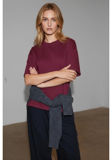 Soft&Basic Kadın %100 Organik Pamuk Oversize Fit Basic Yuvarlak Yaka T-shirt Bordo
