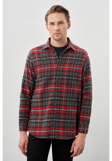 Bordo Yünlü Ekose Desen Yumuşak Yaka Cepsiz Uzun Kol Casual Comfort Fit Gömlek 1004245227 Bordo