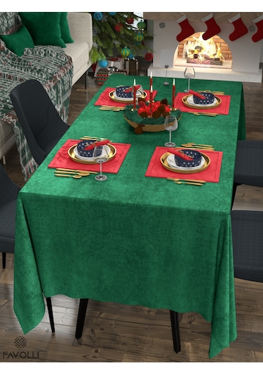 Kadife Dokulu Zümrüt Masa Örtüsü Zümrüt