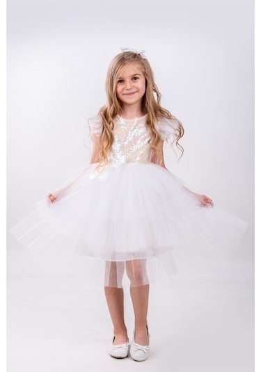 Beyaz Pullu Kız Çocuk Parti Elbisesi