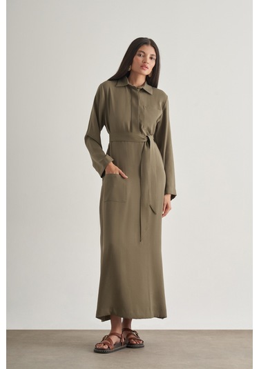 Mizalle Modal Karışımlı Kuşaklı Haki Uzun Gömlek Elbise Haki
