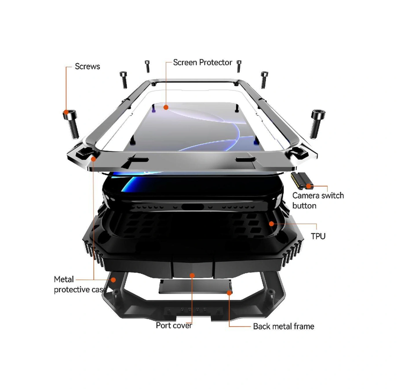 İphone 17 Pro Max İçin Metal Kılıf 360 Tam Koruma Kapak Cam Ekran Koruyucu Darbeye Dayanıklı Ağır Hizmet Kickstand İle