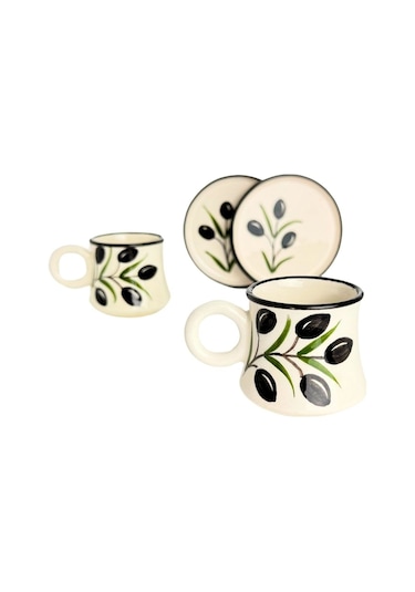 2 Li Takım Zeytin Desenli El Yapımı Kazan Seramik Kahve Fincanı, Kahve Fincanı, Hand Made Beyaz